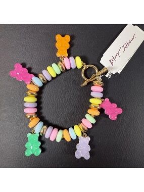 Betsey Johnson Gold Tone & Multi Color Resin Bead Bracelet Gummy Bear Charms NWT